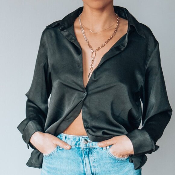 New Black Silky Button Down Blouse - Picture 5 of 6